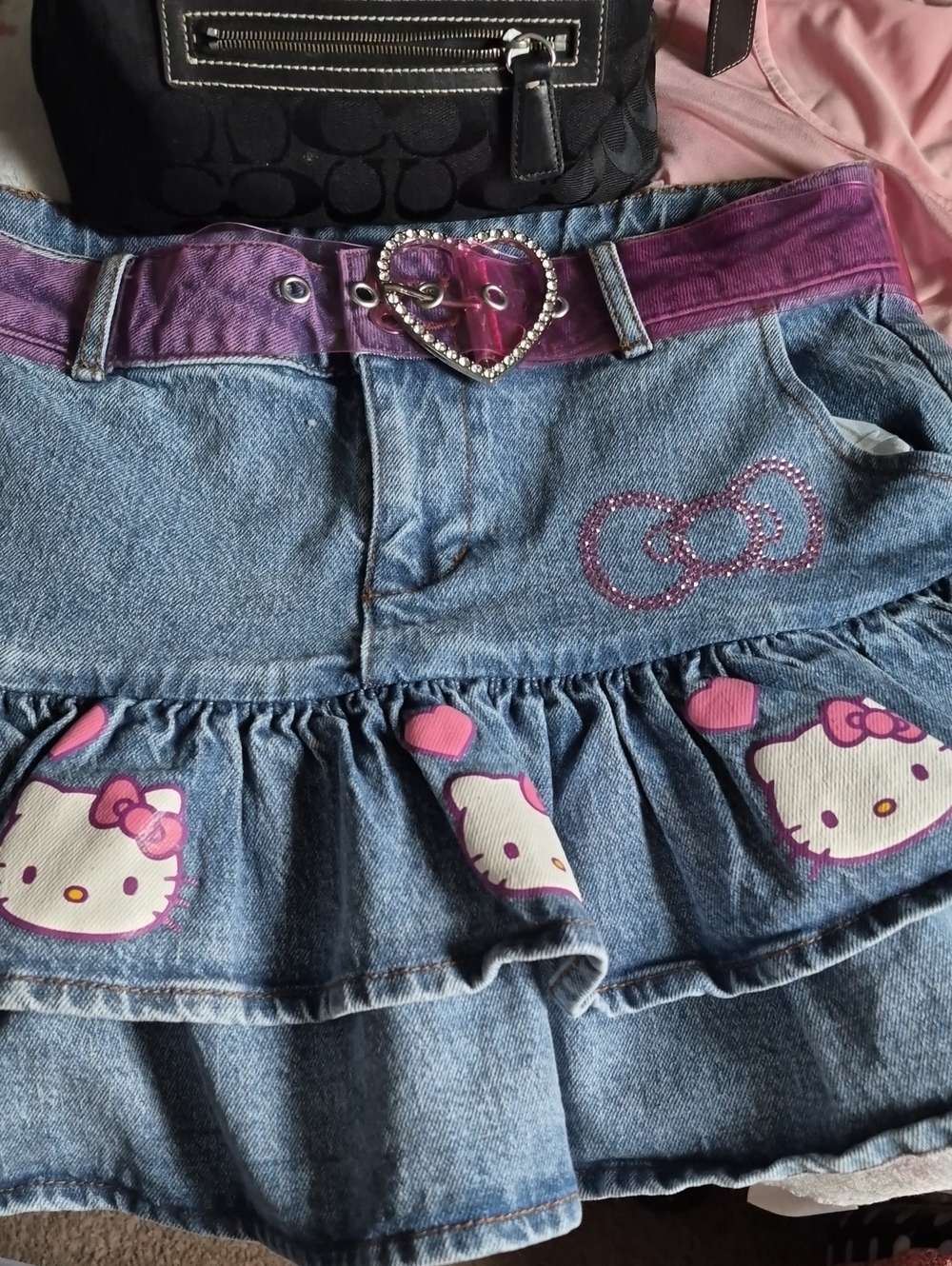 Hello Kitty Blue Denim Skirt with Pink Accents and Heart Buckle